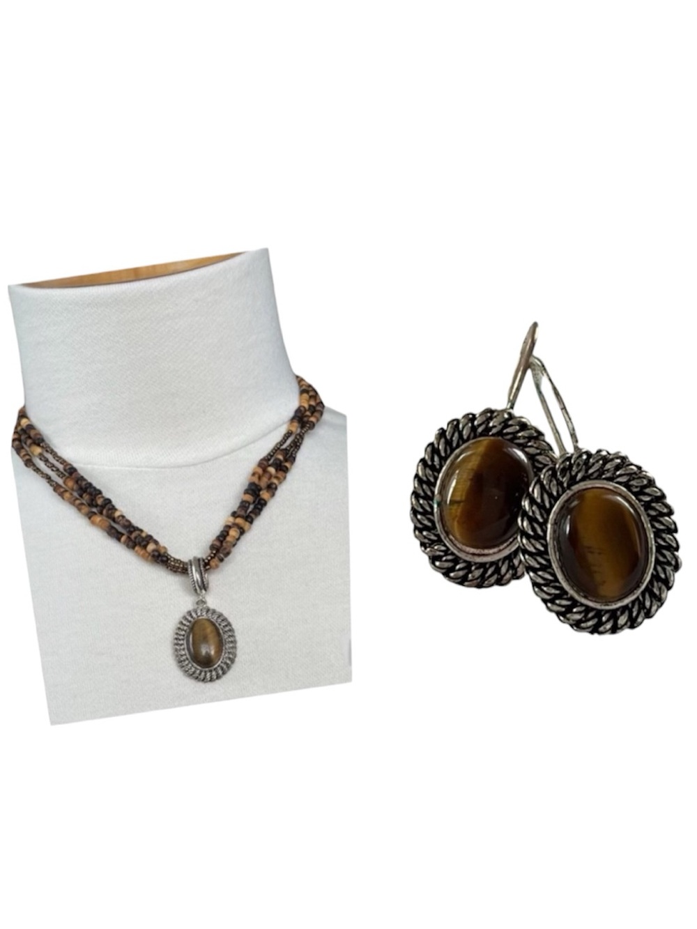 Vintage Avon Necklace and Earrings Set Seed Bead Tiger Eye Antique Silve…